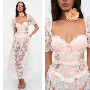 For Love & Lemons Tessa Floral Appliqué Embroidered Sheer Midi Dress Sz XS